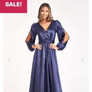 Elizabeth K by GLS long sleeve, floor length gorgeous navy blue gown